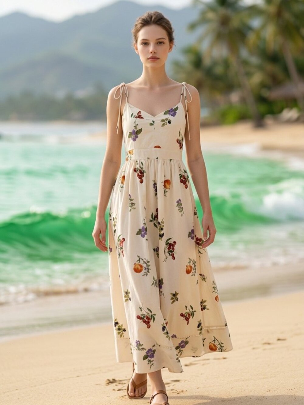 NWOT En Saison Fruit Floral Cotton Maxi Dress L Cottagecore Smocked Back